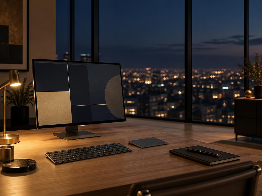 A desk in a glass-walled office at dusk, city lights beyond